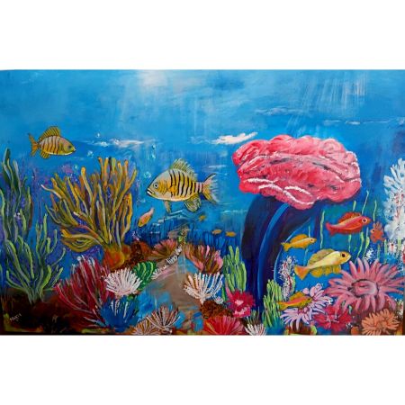 Life Underwater Acrylic Canvas Painting by Dr Maya Subramoni 36 x 24 Inches
